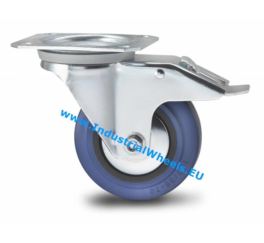 Industrial Swivel caster with brake from pressed steel, plate fitting, elastic-tyre, roller bearing, Wheel-Ø 100mm, 150KG