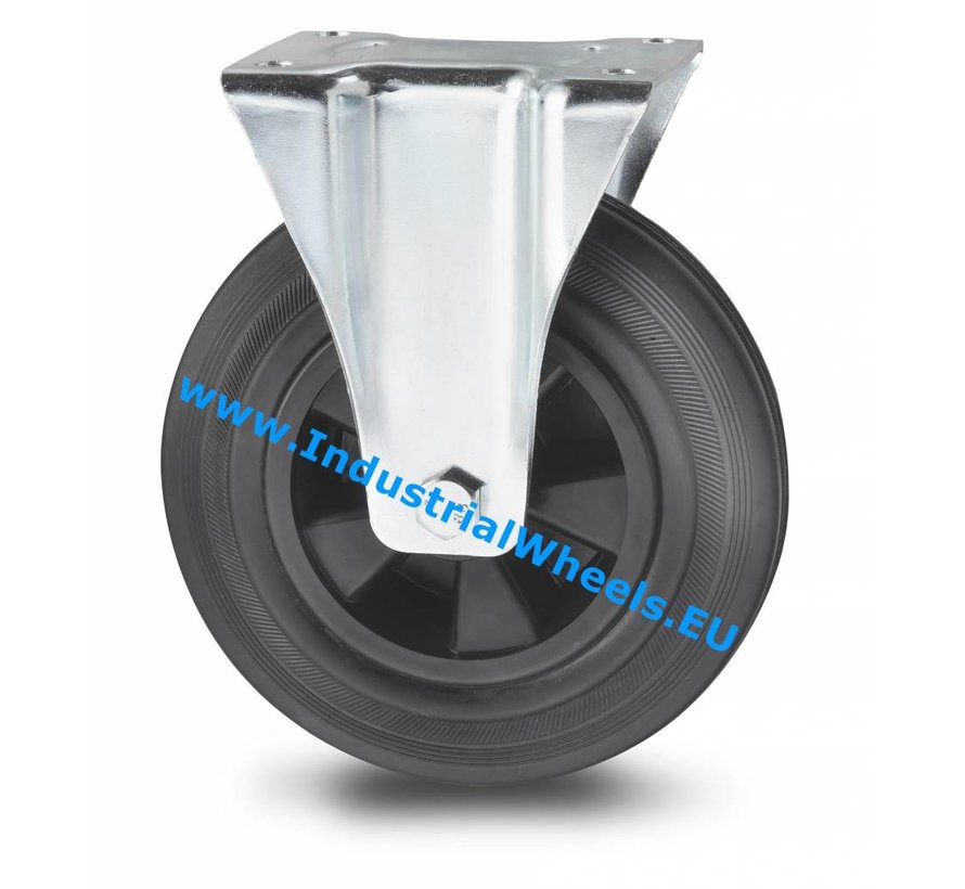 Industrial Fixed caster from pressed steel, plate fitting, rubber, black, roller bearing, Wheel-Ø 80mm, 65KG