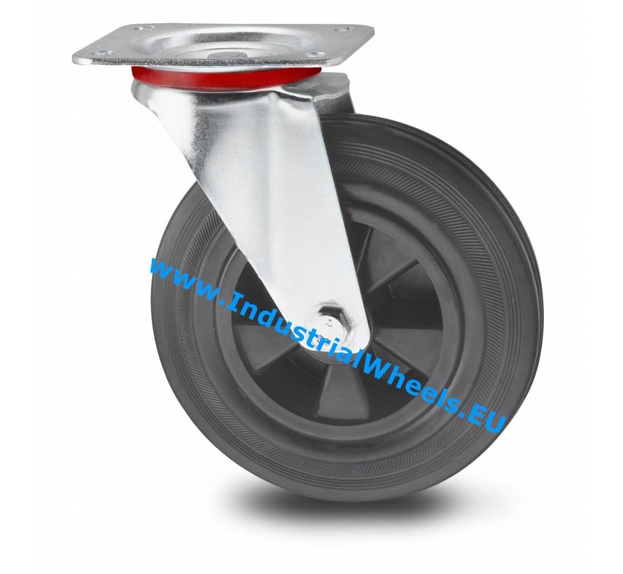 Industrial Swivel caster from pressed steel, plate fitting, rubber, black, roller bearing, Wheel-Ø 100mm, 80KG