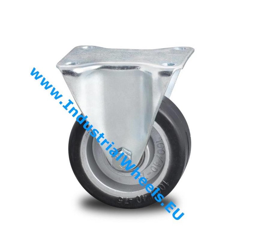Carrelli per Movimentazione Industriale Rinforzato Supporto Ruota fissa Pressato acciaio duro, attacco a piastra, gomma elastica, mozzo su cuscinetto, Ruota -Ø 125mm, 200KG