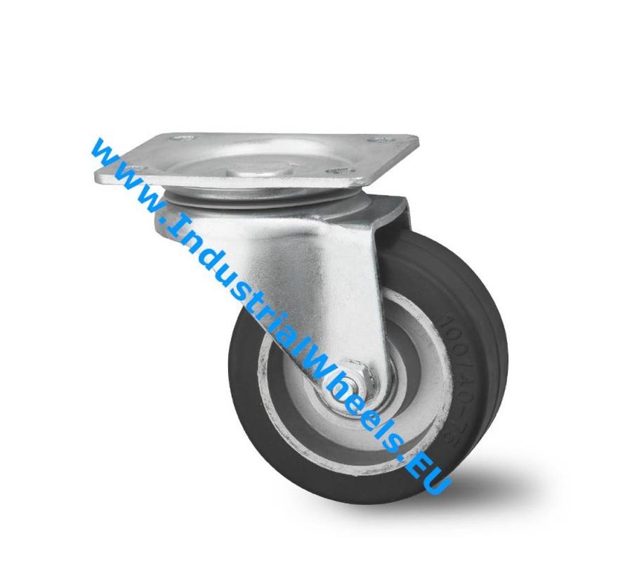 Industrial Reinforced Housing Swivel caster from Pressed hard steel, plate fitting, elastic-tyre, precision ball bearing, Wheel-Ø 125mm, 200KG