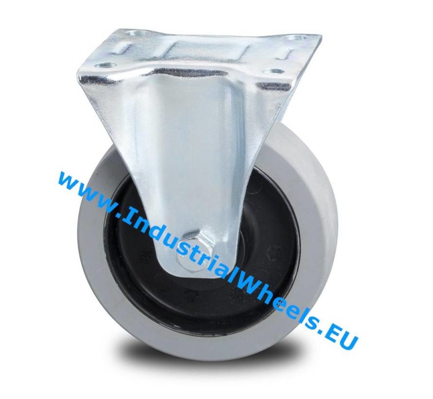 Industrial Fixed caster from pressed steel, plate fitting, elastic-tyre, 2-RS precision ball bearings, Wheel-Ø 125mm, 200KG