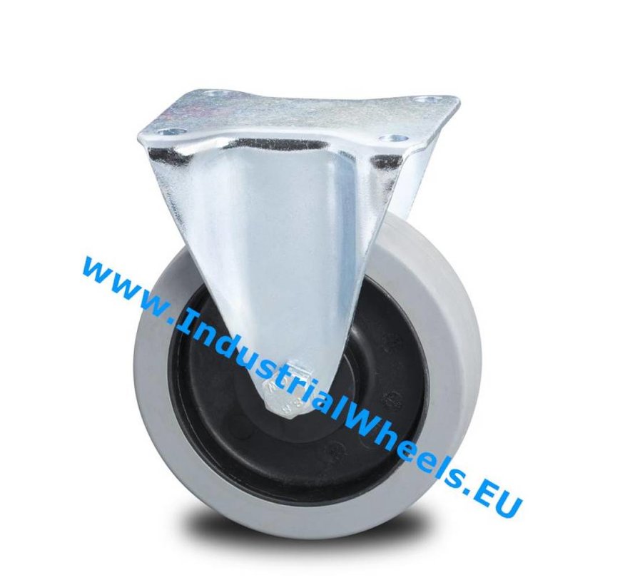 Industrial Reinforced Housing Fixed caster from Pressed hard steel, plate fitting, elastic-tyre, roller bearing, Wheel-Ø 125mm, 200KG