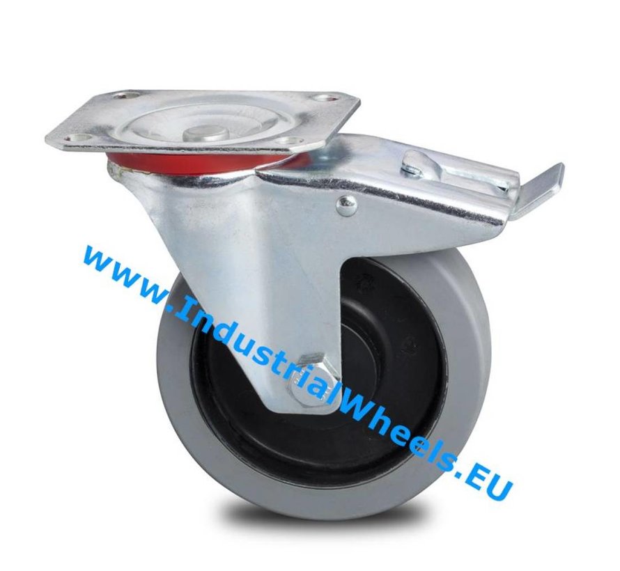 Carrelli per Movimentazione Industriale Rinforzato Supporto Ruota girevole con freno Pressato acciaio duro, attacco a piastra, gomma elastica, mozzo su cuscinetto a rulli, Ruota -Ø 125mm, 200KG