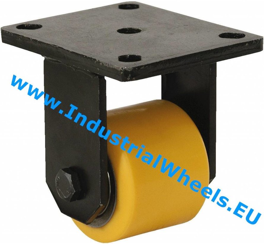 Heavy duty Fixed caster from Welded steel housing, plate fitting, Vulcanized Polyurethane tread, precision ball bearing, Wheel-Ø 82mm, 800KG