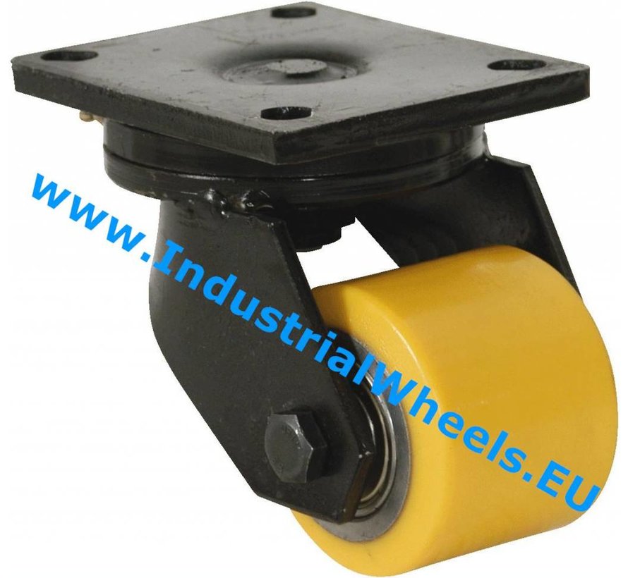 Heavy duty Swivel caster from Welded steel housing, plate fitting, Vulcanized Polyurethane tread, precision ball bearing, Wheel-Ø 85mm, 800KG