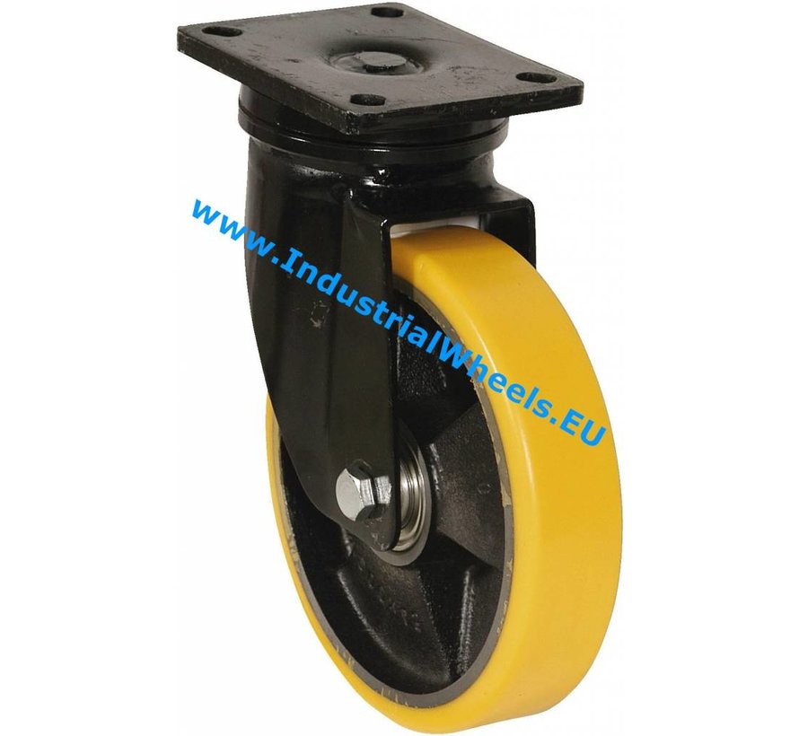 Heavy duty Swivel caster from Welded steel housing, plate fitting, Vulcanized Polyurethane tread, precision ball bearing, Wheel-Ø 125mm, 400KG