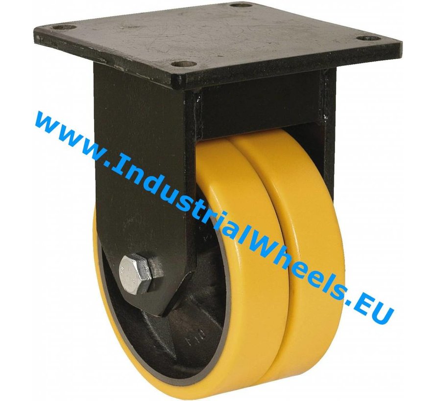 Heavy duty Fixed caster from Welded steel housing, plate fitting, Vulcanized Polyurethane tread, precision ball bearing, Wheel-Ø 125mm, 600KG