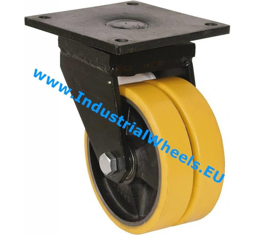 Rodas de alta carga Roda giratória Suporte e chapa de fixação de ferro fundido, poliuretano fundido, rolamento rígido de esferas, Roda-Ø 150mm, 1000KG