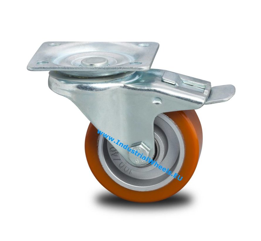 Rodas industriais Reforçado Suporte Roda giratória travão Pressionado aço duro, poliuretano fundido, rolamento rígido de esferas, Roda-Ø 125mm, 250KG