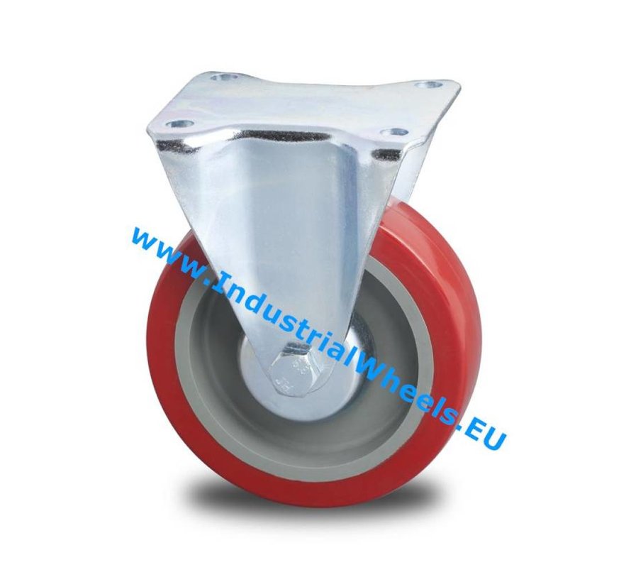 Carrelli per Movimentazione Industriale Rinforzato Supporto Ruota fissa Pressato acciaio duro, attacco a piastra, gomma elastica, mozzo su cuscinetto a rulli, Ruota -Ø 125mm, 250KG