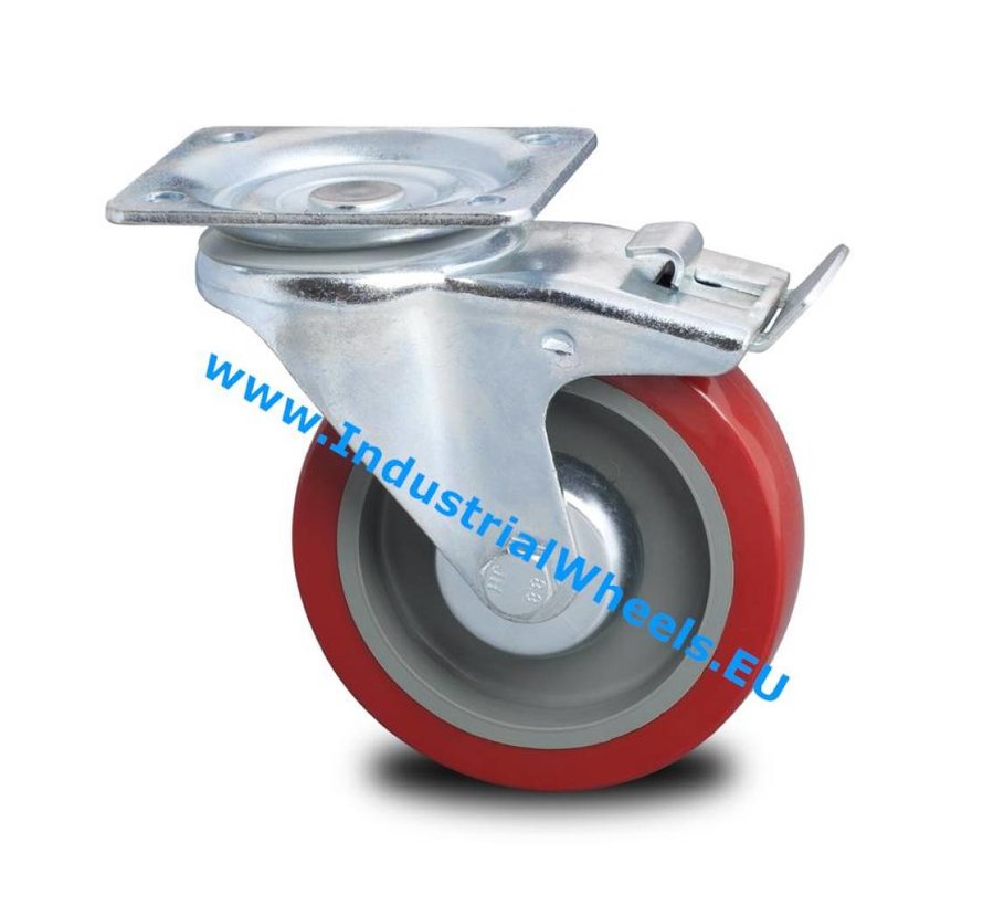 Ruedas para transporte industrial Reforzado Soporte Rueda giratoria con freno De chapa de acero duro, pletina de fijación, goma elástica, cojinete de rodillos, Rueda-Ø 125mm, 250KG