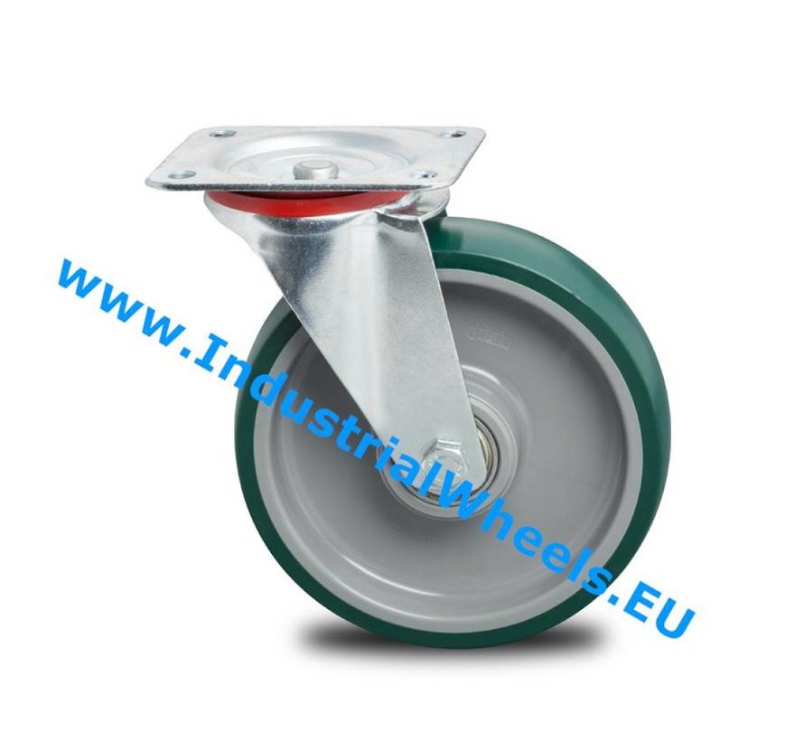Carrelli per Movimentazione Industriale Ruota girevole lamiera stampata, attacco a piastra, poliuretano iniettato, mozzo su cuscinetto, Ruota -Ø 200mm, 300KG