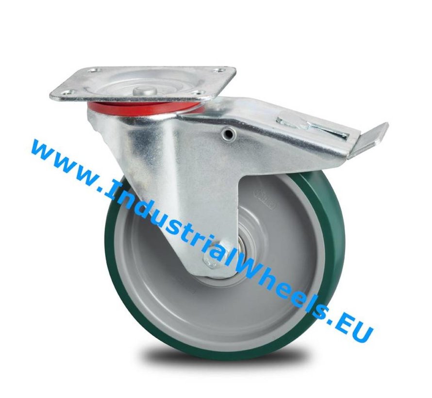 Ruedas para transporte industrial Rueda giratoria con freno chapa de acero, pletina de fijación, poliuretano inyectado, cojinete de bolas de precisión, Rueda-Ø 200mm, 300KG