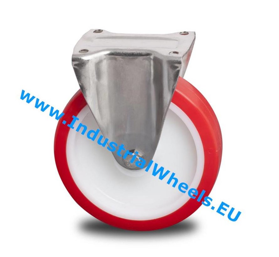 Inox / acero inoxidable Ruota fissa acciaio inox stampata, attacco a piastra, poliuretano iniettato, mozzo su cuscinetto a rulli acciaio inox, Ruota -Ø 200mm, 500KG