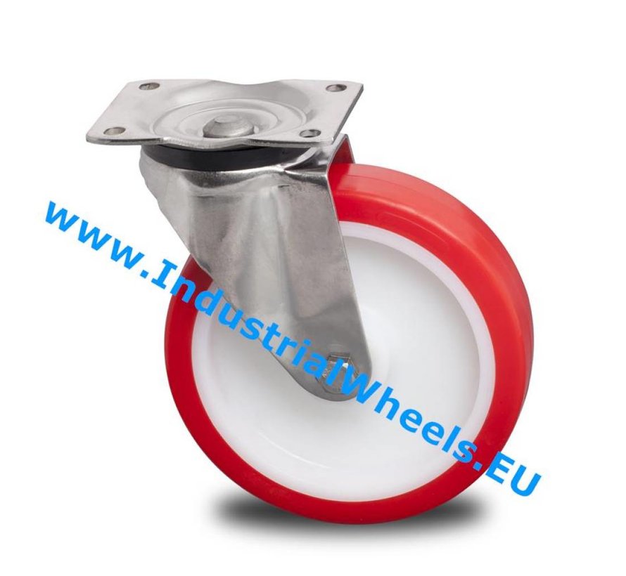 Inox / aço inoxidável AISI 304 Roda giratória aço inoxidável prensado, poliuretano injetado, rolamento de agulhas aço inoxidável, Roda-Ø 125mm, 300KG