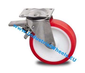 Roda giratória travão, Ø 160mm, poliuretano injetado, 450KG