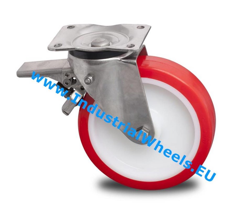 Inox / acero inoxidable Ruota girevole con freno acciaio inox stampata, attacco a piastra, poliuretano iniettato, mozzo a foro passante, Ruota -Ø 200mm, 500KG