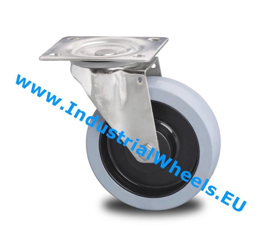 Inox / aço inoxidável AISI 304 Roda giratória aço inoxidável prensado, goma termoplástica elástica, 2-RS rolamento rígido de esferas, Roda-Ø 125mm, 200KG