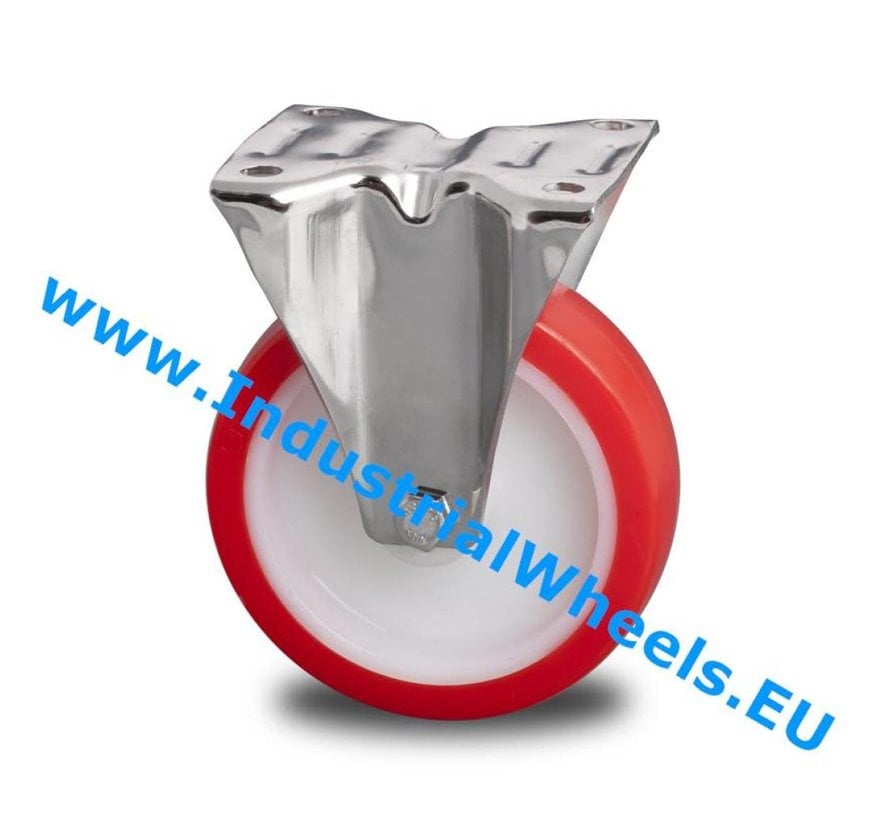 Stainless Steel Fixed caster from Stainless Steel Pressed, plate fitting, Injected polyurethane, plain bearing, Wheel-Ø 125mm, 180KG