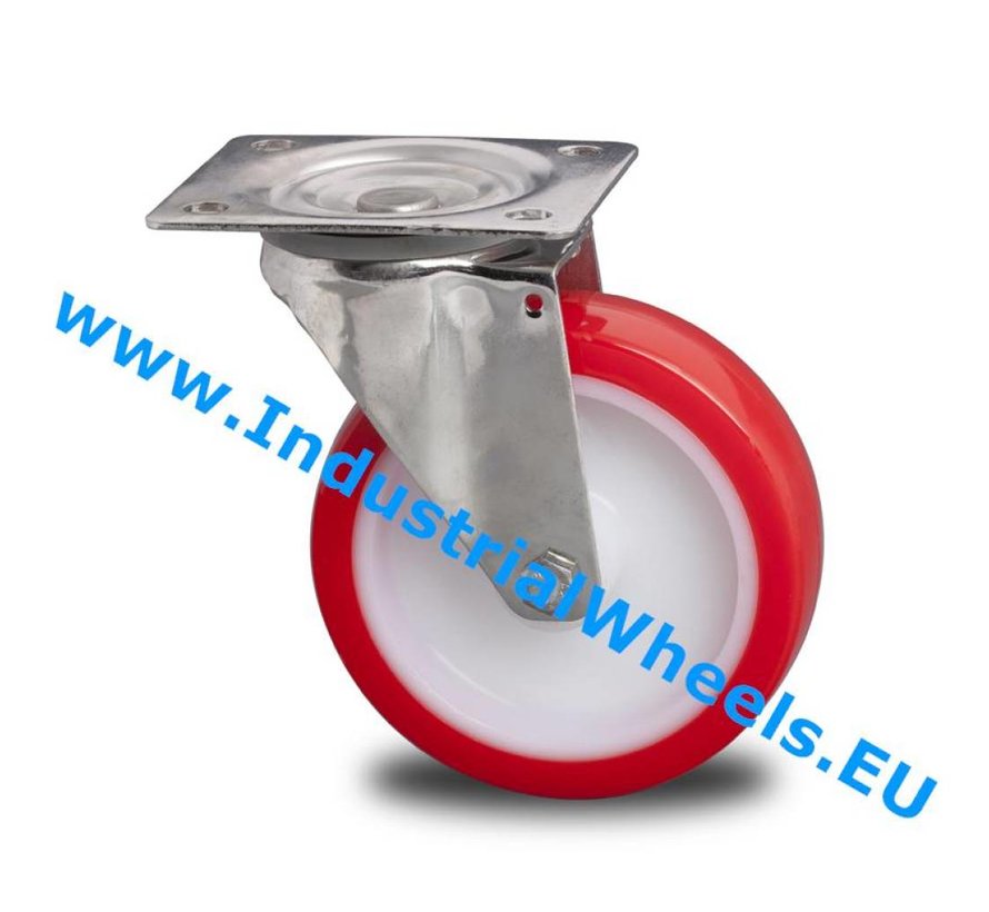 Stainless Steel Swivel caster from Stainless Steel Pressed, plate fitting, Injected polyurethane, plain bearing, Wheel-Ø 125mm, 180KG