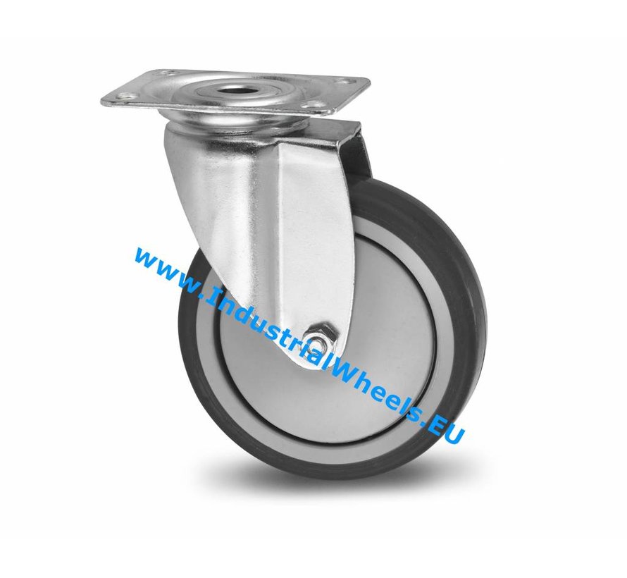 Institutional Swivel caster from pressed steel, plate fitting, thermoplastic rubber grey non-marking, precision ball bearing, Wheel-Ø 100mm, 100KG