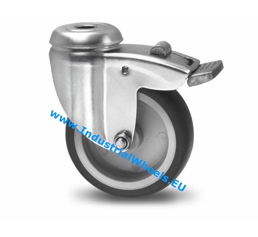 Rodas de aço Roda giratória travão chapa de aço, goma termoplástica cinza, não deixa marca, rolamento liso, Roda-Ø 75mm, 75KG