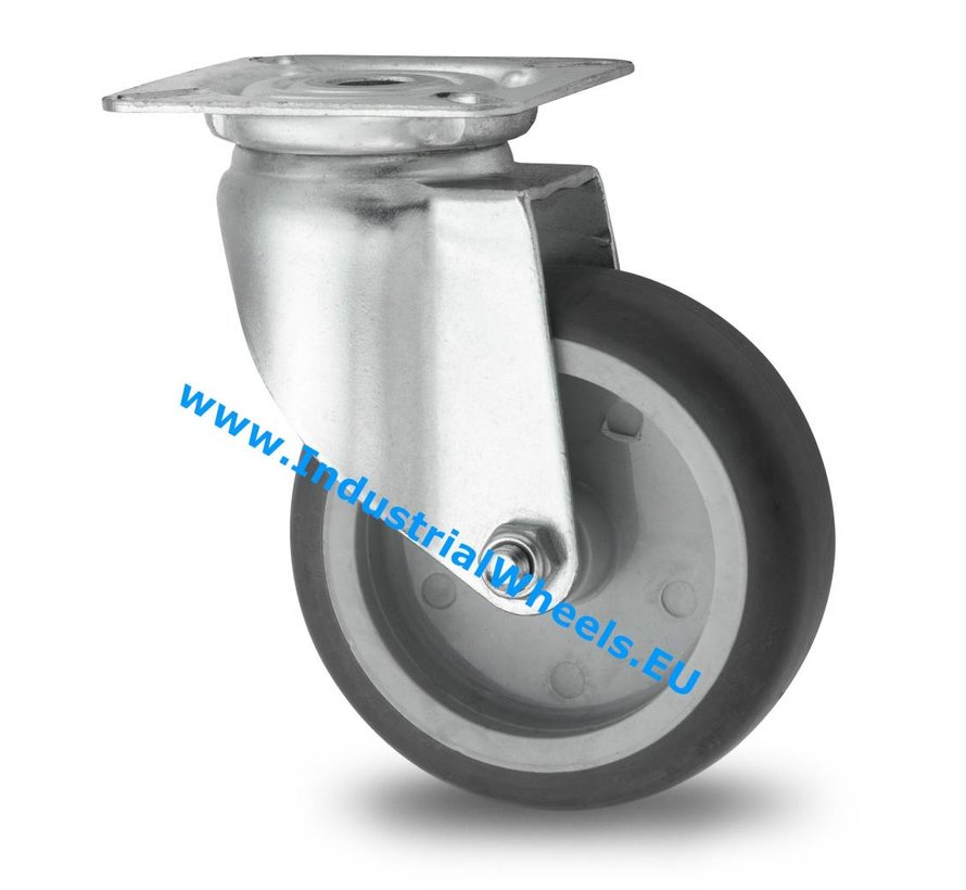 Rodas de aço Roda giratória chapa de aço, goma termoplástica cinza, não deixa marca, rolamento liso, Roda-Ø 75mm, 75KG