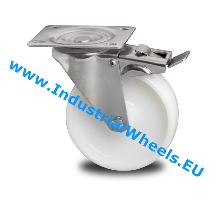 Inox / aço inoxidável AISI 304 Roda giratória travão aço inoxidável prensado, Roda Poliamida, rolamento de agulhas aço inoxidável, Roda-Ø 150mm, 300KG