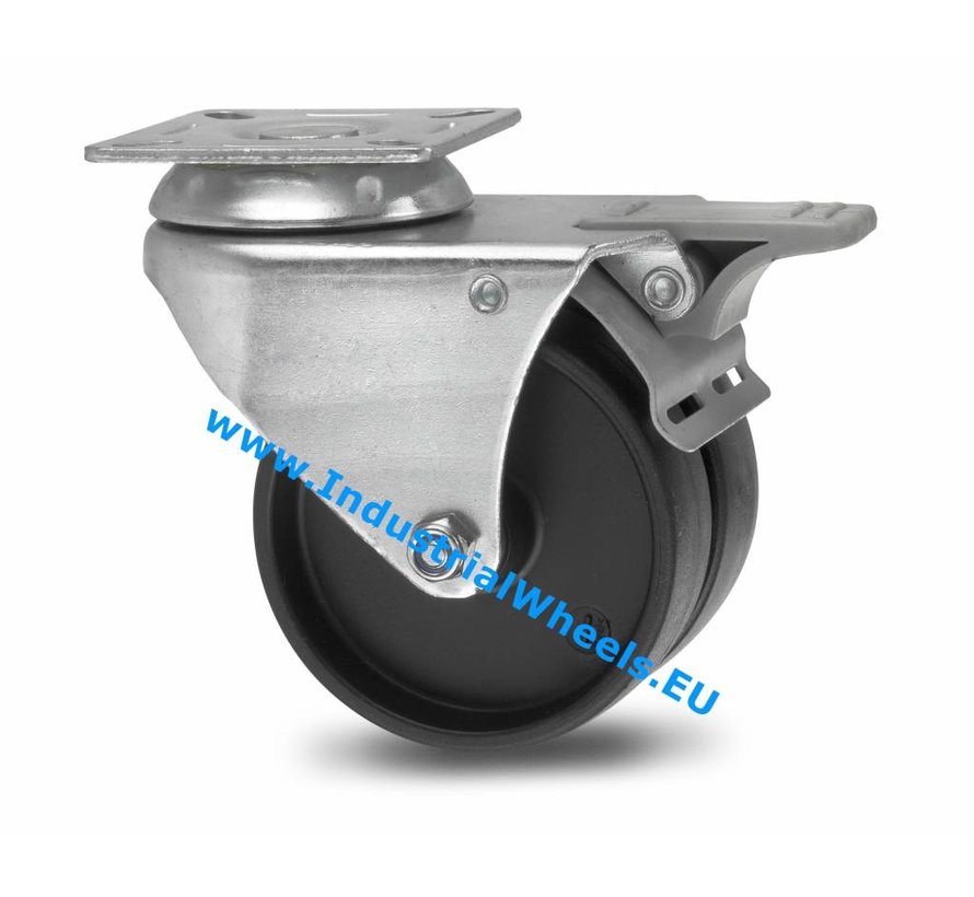 Institutional Swivel caster with brake from pressed steel, plate fitting, Polypropylene Wheel, plain bearing, Wheel-Ø 50mm, 80KG