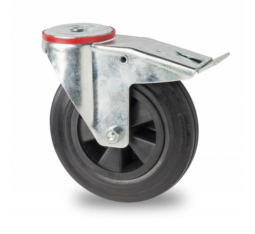 Transporthjul drejelig hjul  med bremse af Stål, boltmontering, Massiv sort gummi, rulleleje, Hjul-Ø 200mm, 200KG
