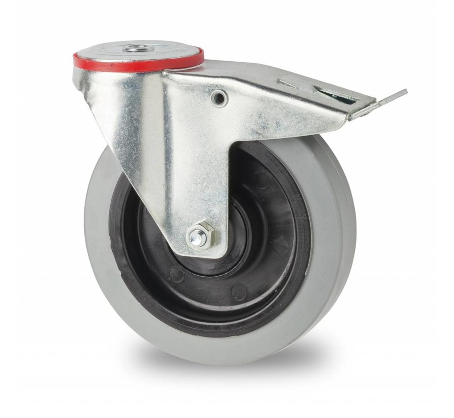 roulettes industrielles roulette pivotante avec blocage de acier embouti, fixation à trou, élastique, 2-RS roulements à billes de précision, Roue-Ø 125mm, 200KG