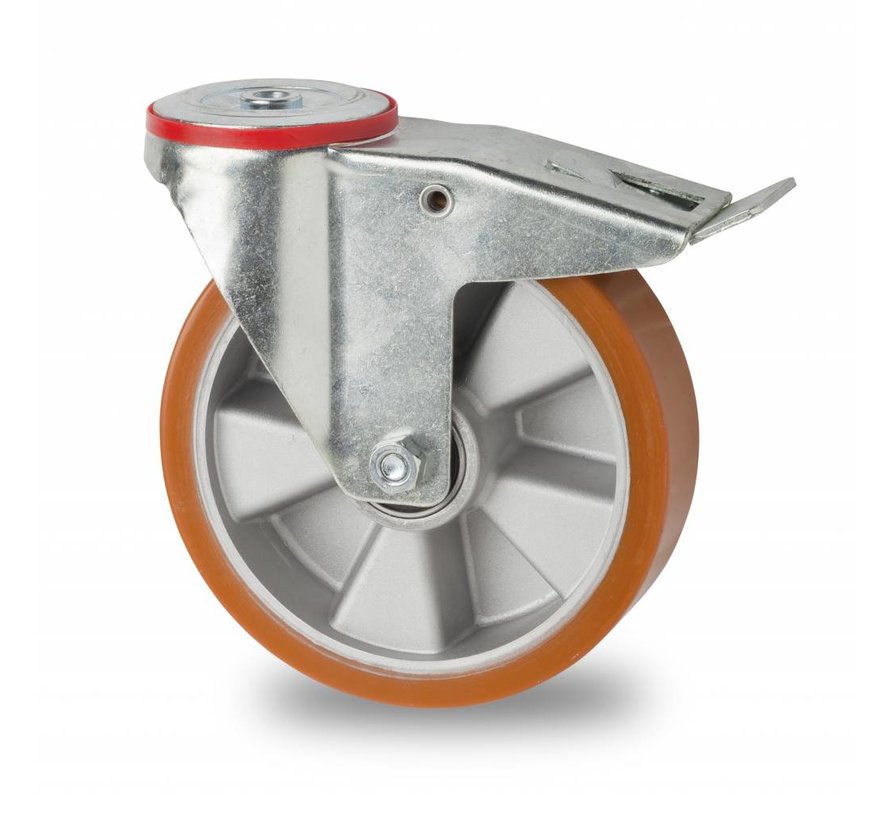 rodas industriais Rodízio Giratório con travão desde chapa de aço, furo central, poliuretano fundido, Rolamento de Esferas, Roda-Ø 200mm, 400KG