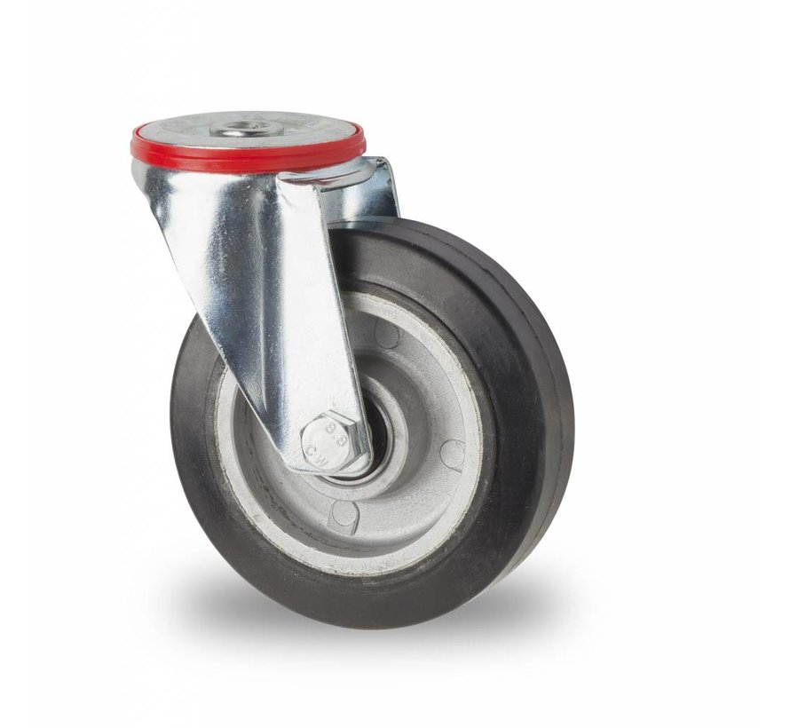 carrelli per movimentazione industriale supporto rotante per  lamiera stampata, foro vite, gomma elastica , mozzo su cuscinetto, Ruota -Ø 125mm, 200KG