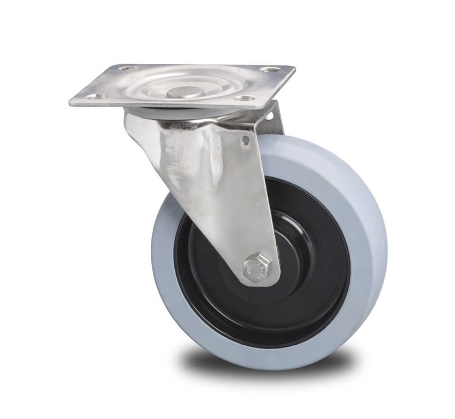 Ruota girevole in acciaio inox pressata, gomma elastica antitraccia, cuscinetti a sfere di precisione in acciaio inox, ruota Ø 200 mm, 400 kg