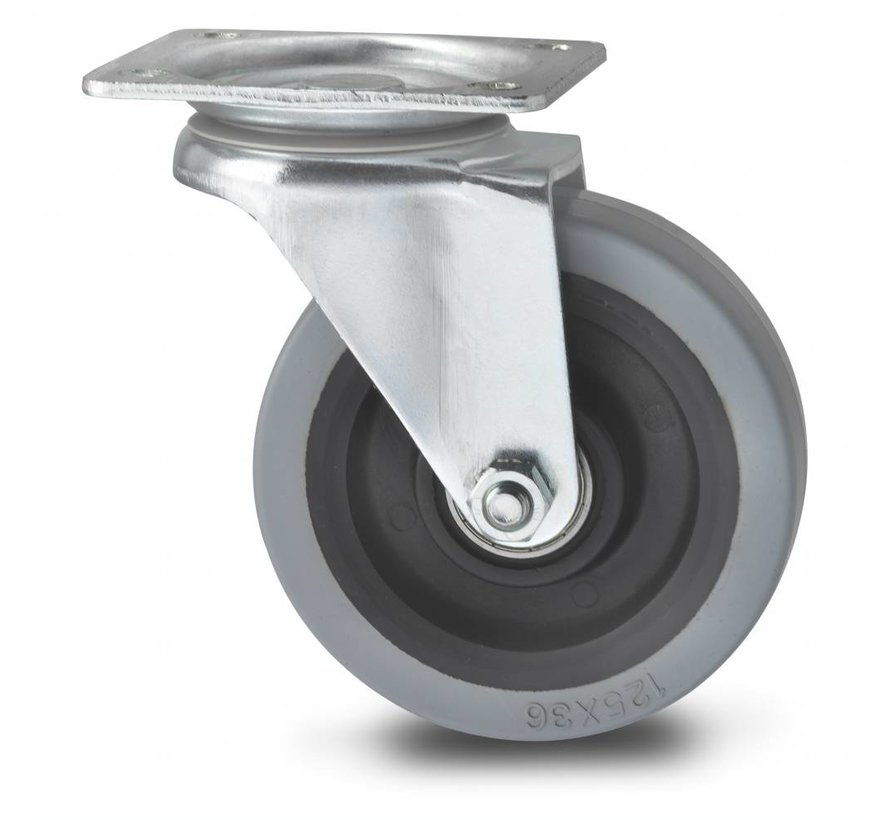 industrial swivel castor from pressed hard steel, plate fitting, elastic-tyre, , Wheel-Ø 125mm, 200KG
