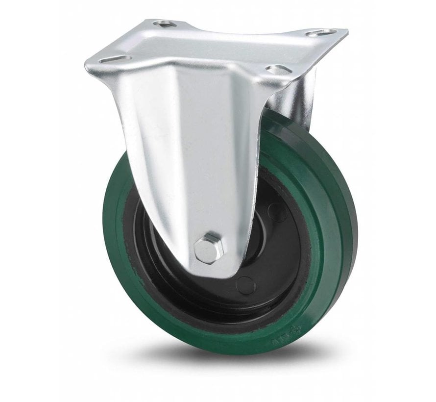 industrial fixed castor from pressed steel, plate fitting, vulcanized elastic rubber tires, precision ball bearing, Wheel-Ø 125mm, 200KG