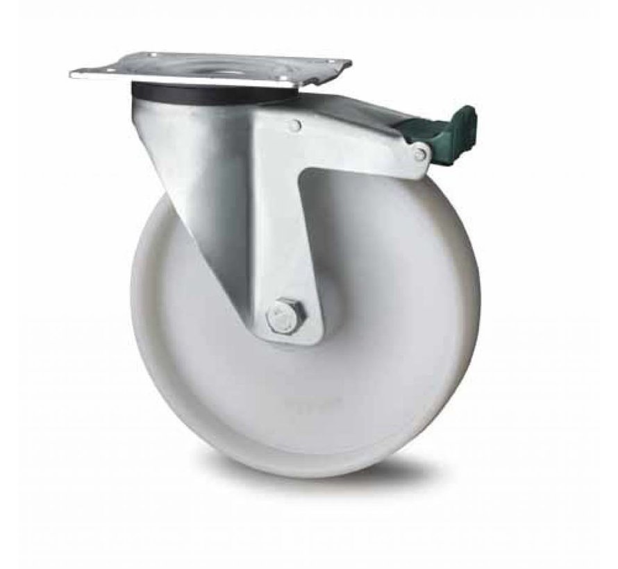Transportgeräte Lenkrolle mit  Feststeller aus Stahlblech, Plattenbefestigung, Rad aus Polyamid, Rollenlager, Rad-Ø 125mm, 250KG