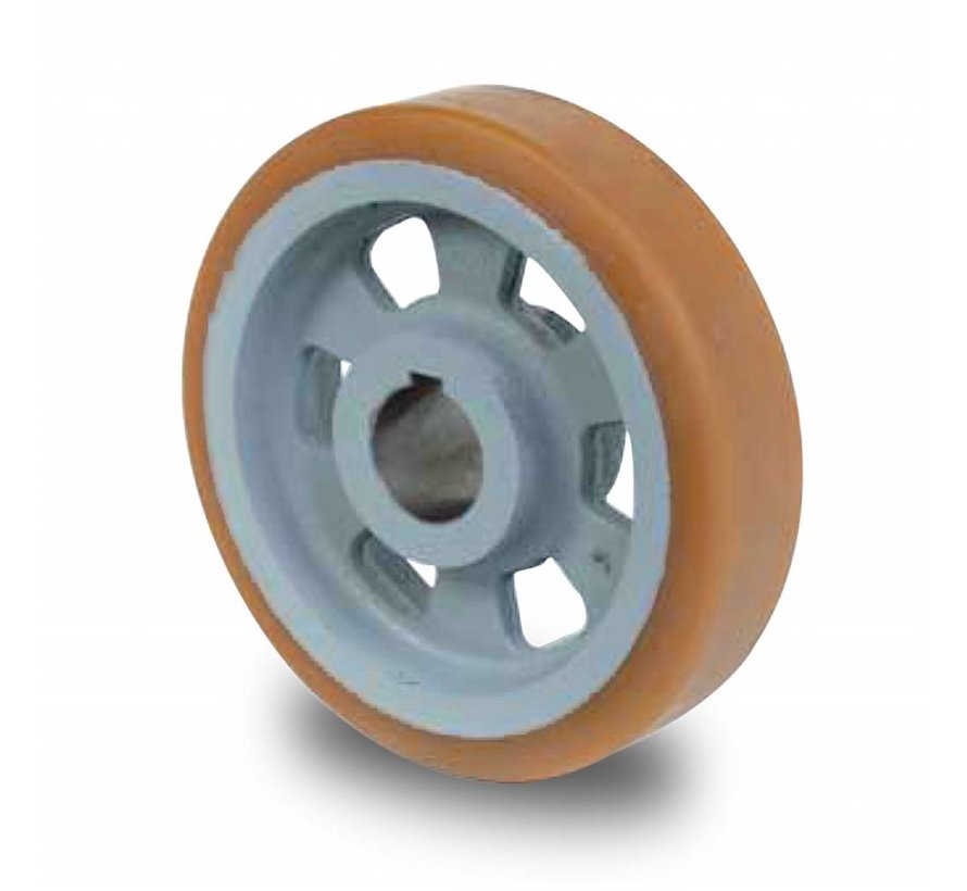 Roulettes fortes charges Roulettes de manutention Vulkollan® Bayer roues bandage de roulement Corps de roue fonte, alésage H7 clavetage selon DIN 6885 JS9, Roue-Ø 300mm, 210KG