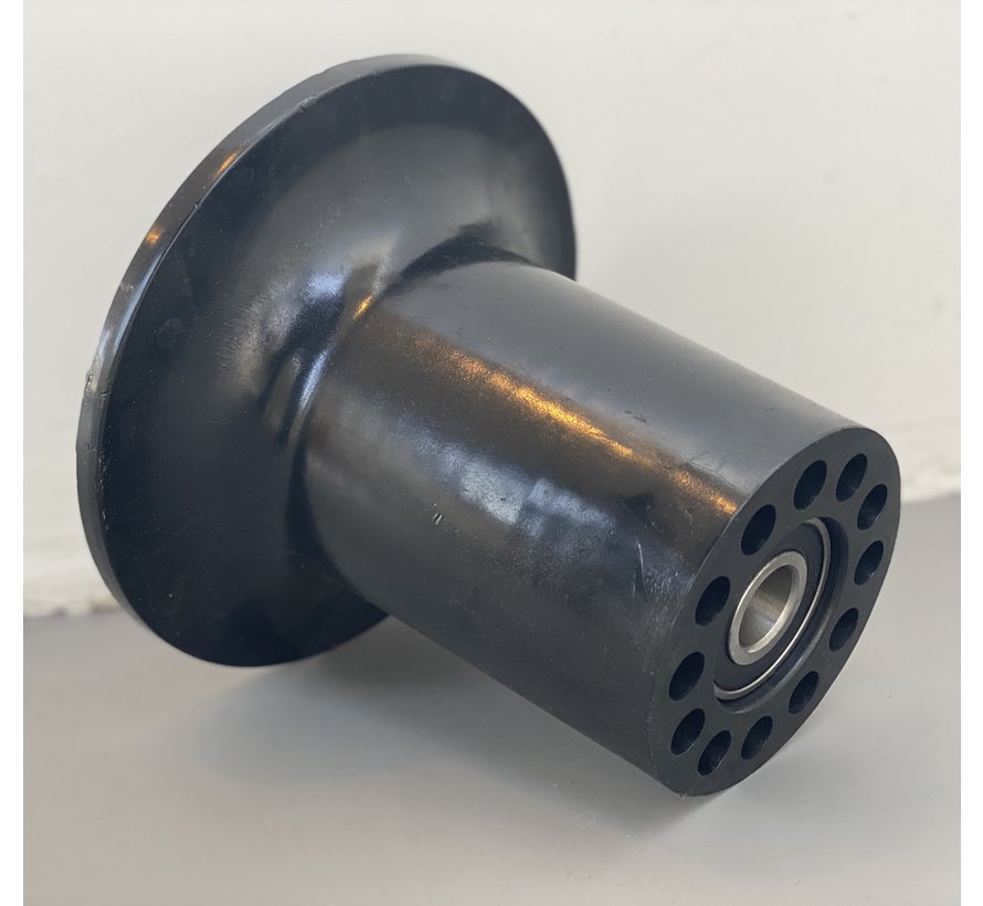 Rolo de flange POM 163 mm de diâmetro para eixo 20 mm para vagões de colheita no sistema de trilho tubular também chamado de "rolo trompete Konijnenburg"