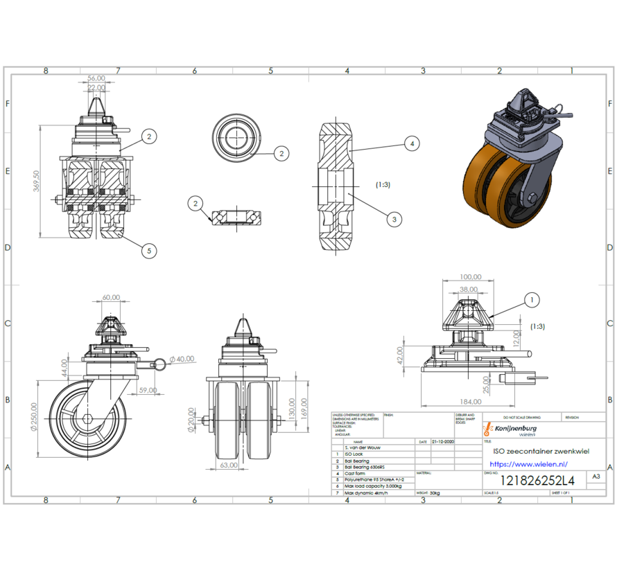 4 x Swivel castors for container. Combined load capacity at 4 km/h: 7500 kg. Includes brake system, directional lock and twist-lock for mounting on 1161 ISO corner castings.