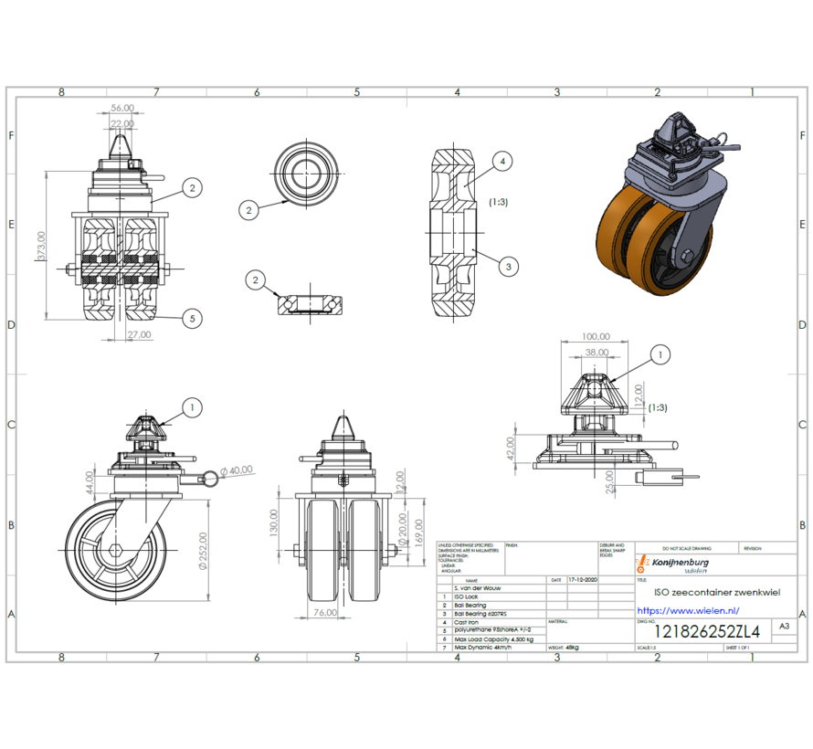 4 roulettes pivotantes pour conteneur, Ø250 x 76 mm avec frein - Capacité de charge : 12 000 à 16 000 kg
