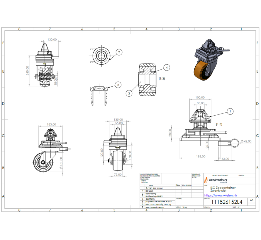 4 x castor wheels with twist-lock mechanisms which are easy to fit onto the corner castings of standard intermodal shipping containers