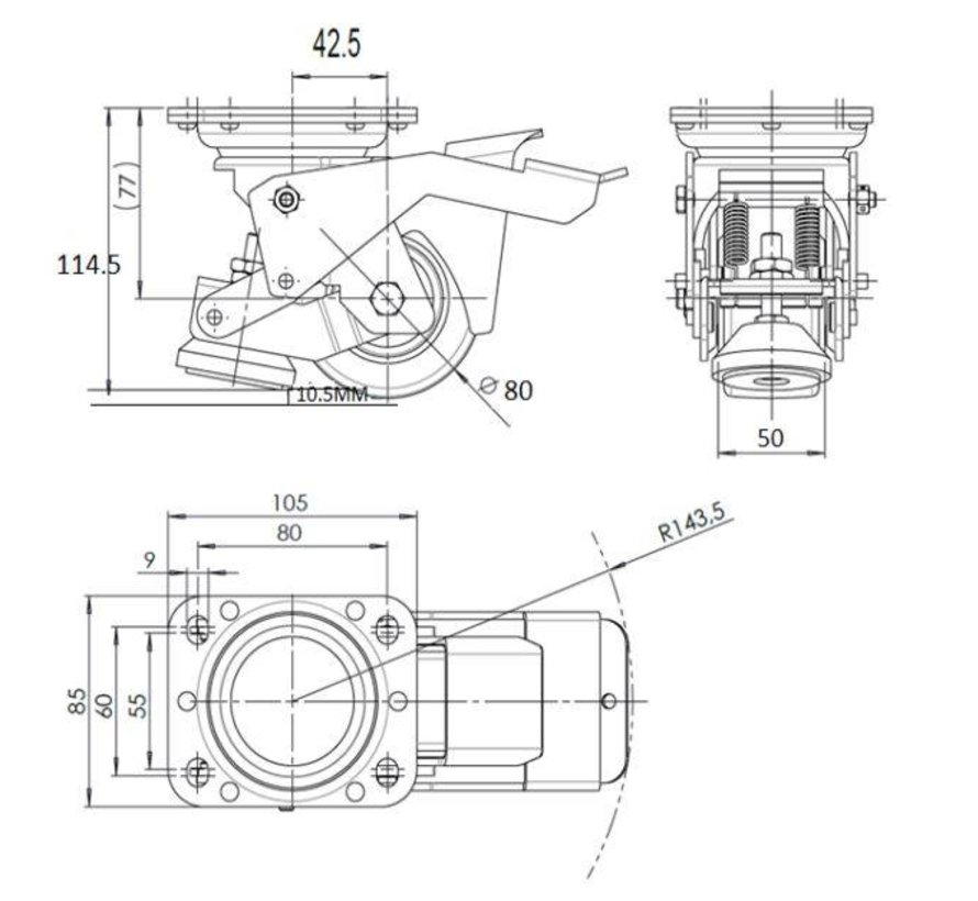 Edelstahl-Heberolle 80 x 40 mm Nylonrad, Tragfähigkeit 350 kg