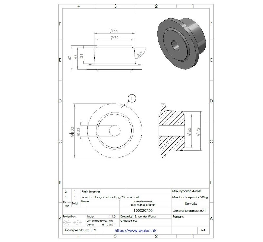 Flanged track wheel, cast iron, plain bearing, Wheel-Ø 75mm, 800KG