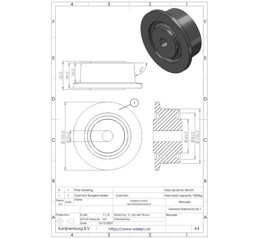 single flanged wheel from cast iron, plain bearing, Wheel-Ø 100mm, 1000KG