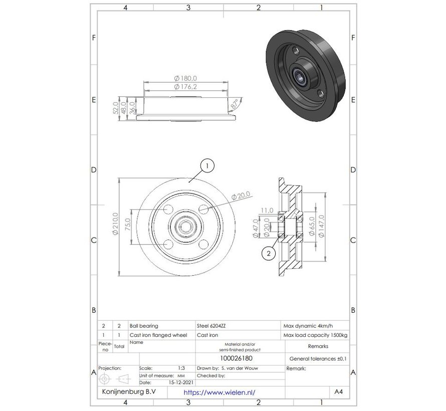 Flanged wheel from cast iron, double ball bearing, Wheel-Ø 180mm, 1200KG