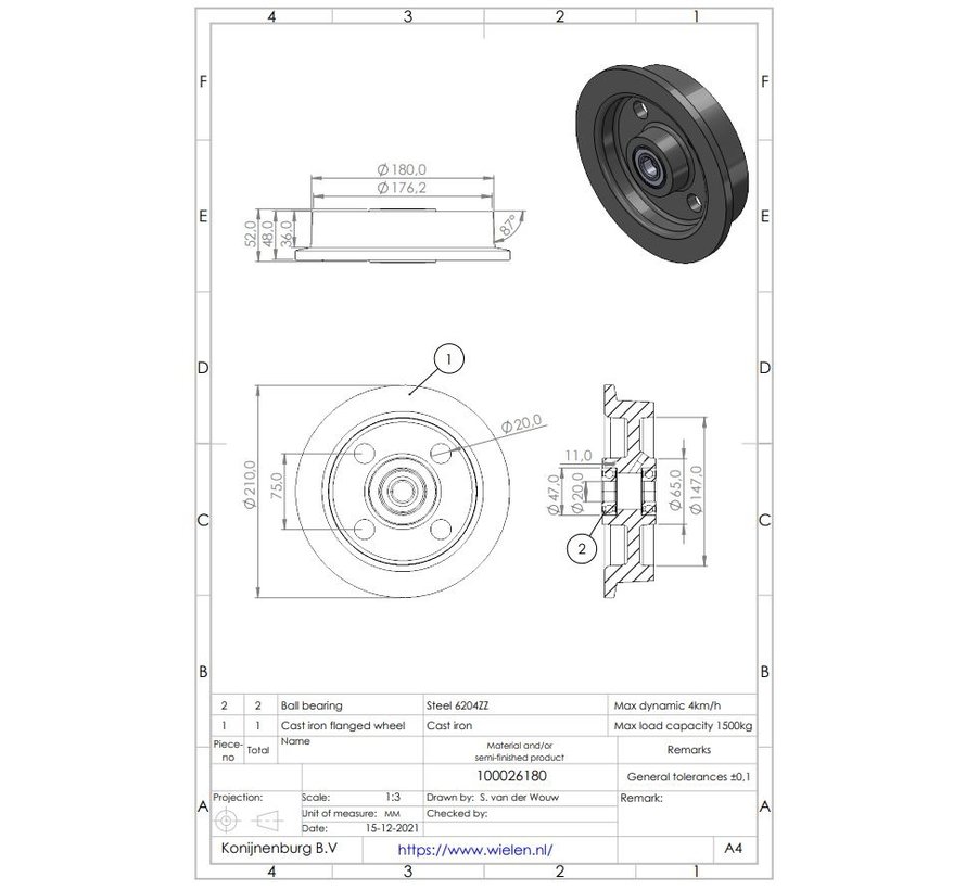 Roda flangeada em ferro fundido, rolamento duplo de esferas, Ø da roda 180 mm, 1200 kg