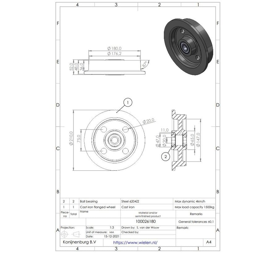 Spurkranzräder aus Guss, doppeltes Kugellager, Rad-Ø 180mm, 1200KG