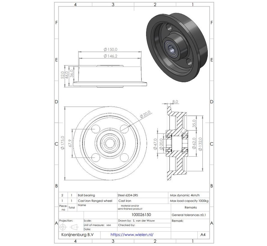 Flänsade spårhjul för räls av gjutjärn, precisionskulalager, Hjul-Ø 150mm, 1000KG